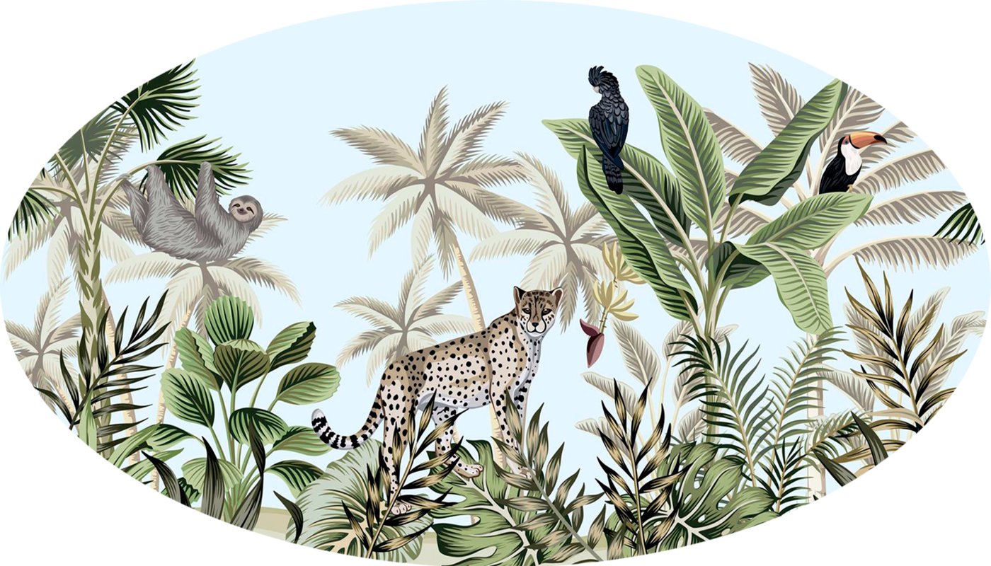 Dywan winylowy dla dzieci Jungle B - owalny 100x160 cm - Antypoślizgowy PVC, winylowy do pokoju dziecięcego, ognioodporny i zmywalny.