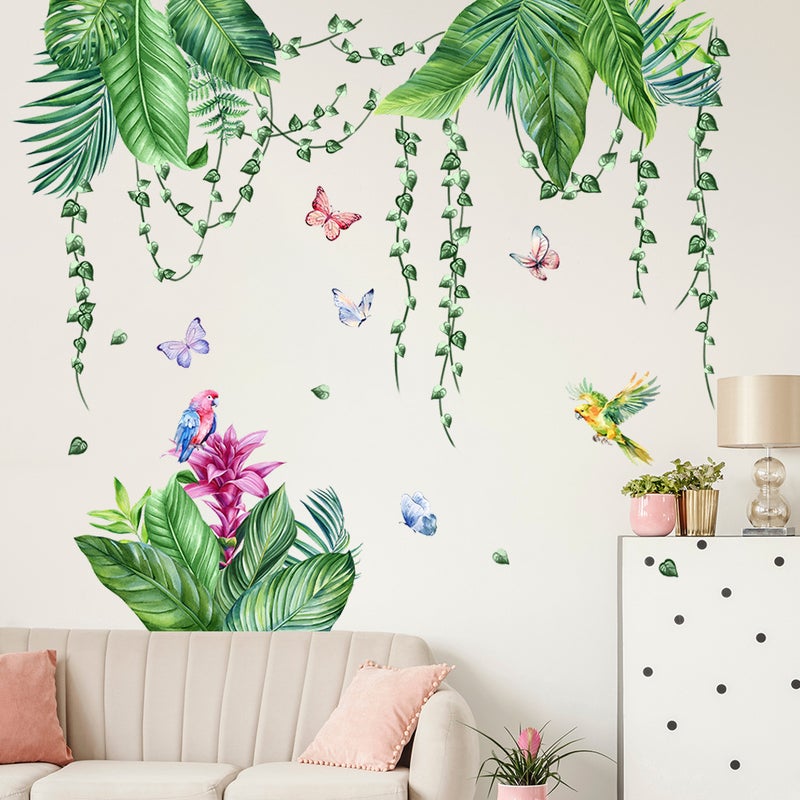 Naklejki ścienne z zielonymi liśćmi tropikalnymi, zielona naklejka ścienna z wiszącym pnączem do sypialni, salonu, biura