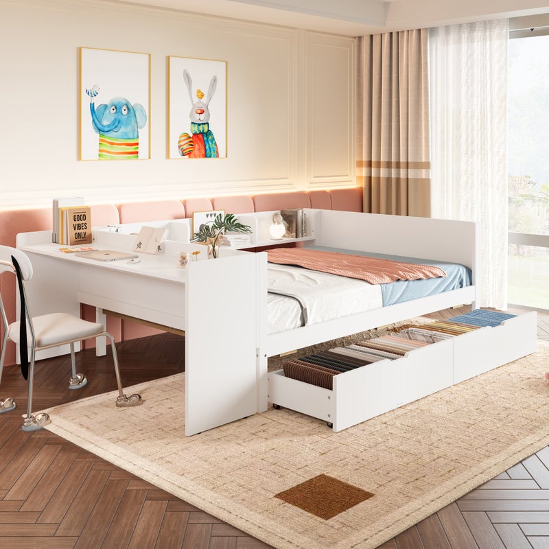 Łóżko 140 x 200 cm z 2 szufladami, półką i biurkiem - Sosna i płyta wiórowa - Białe (bez materaca)