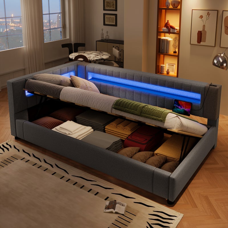 Łóżko 90 x 200 cm ze schowkiem i zagłówkiem - ładowanie USB i typu C oraz diody LED - tkanina lniana - szare (bez materaca)