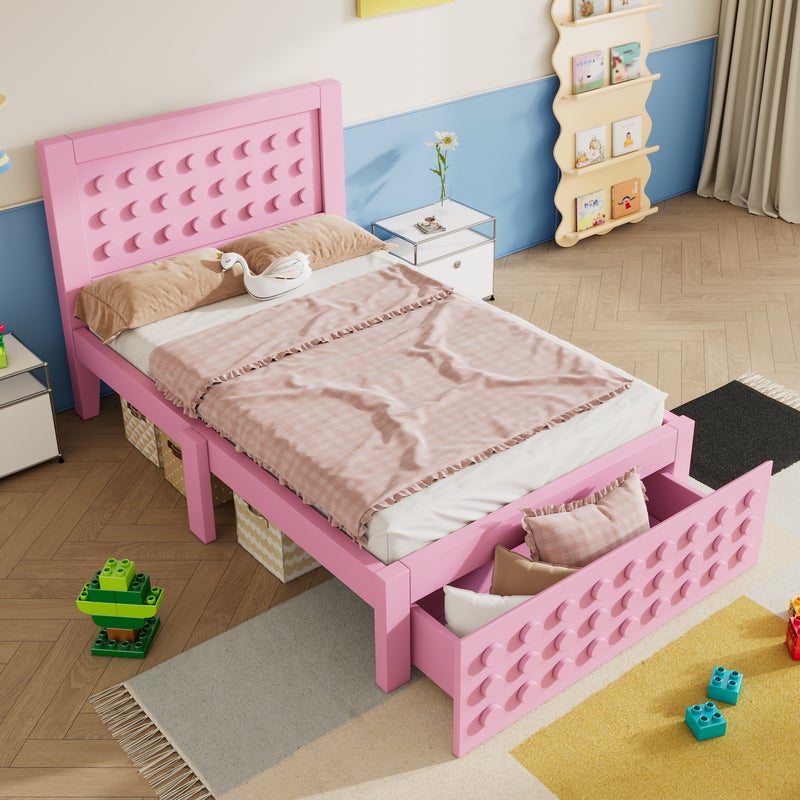Łóżko pojedyncze 90 x 200 cm z wezgłowiem i 1 szufladą - lite drewno + płyta MDF - w zestawie stelaż - różowe (bez materaca)