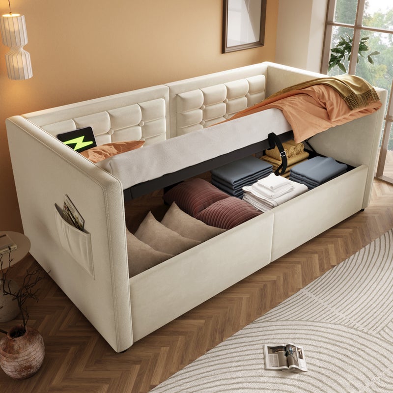 Łóżko z pojemnikiem 90 x 200 cm i zagłówkiem, pojedyncza sofa rozkładana - ładowanie USB i typu C - aksamit - beżowy (bez materaca)