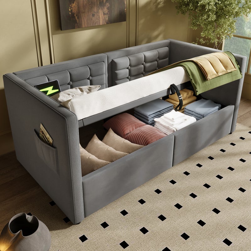 Łóżko 90 x 200 cm ze schowkiem i zagłówkiem, pojedyncza sofa rozkładana - ładowanie USB i typu C - aksamit - szary (bez materaca)