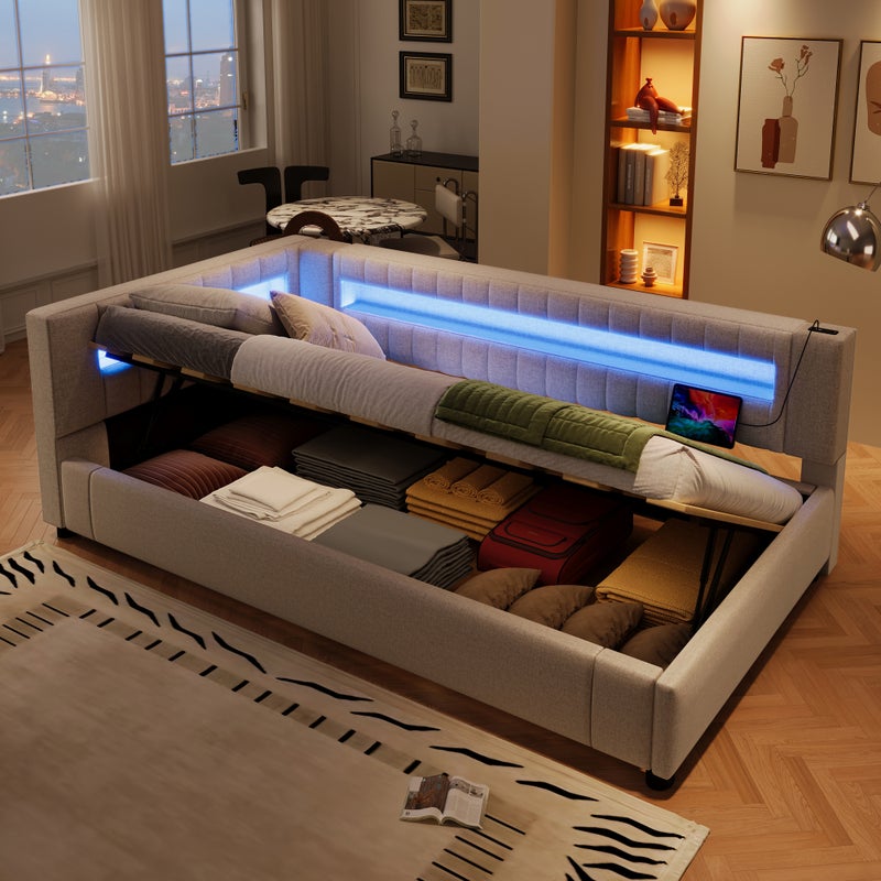 Łóżko z pojemnikiem 90 x 200 cm i zagłówkiem - ładowanie USB i typu C oraz diody LED - tkanina lniana - beżowe (bez materaca)