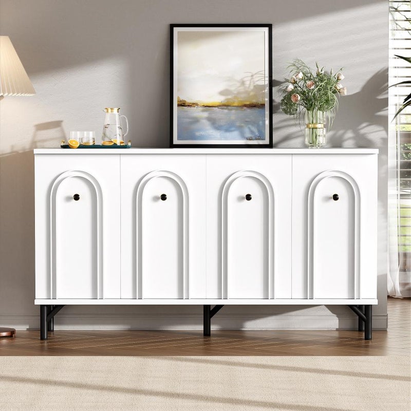 Nowoczesny biały kredens 140 cm, 4 drzwi 3D, ciche zamykanie, regulowane półki, wszechstronne przechowywanie, wymiary 140×78×34 cm