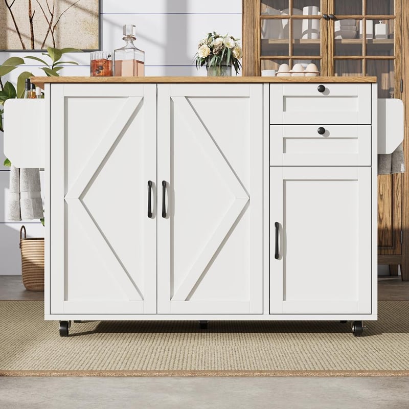 Wielofunkcyjna wyspa kuchenna ze składanym stołem, pojemnym schowkiem, kółkami i eleganckim drewnianym designem - 120×92×43 cm