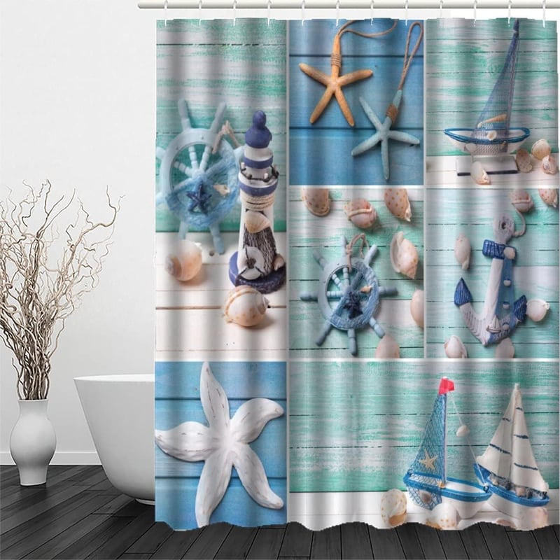Zasłona prysznicowa z motywem rozgwiazdy i oceanu, 3D, antypleśniowa, 100% poliester, wodoodporna i antybakteryjna, z 12 haczykami, 180 x 180 cm