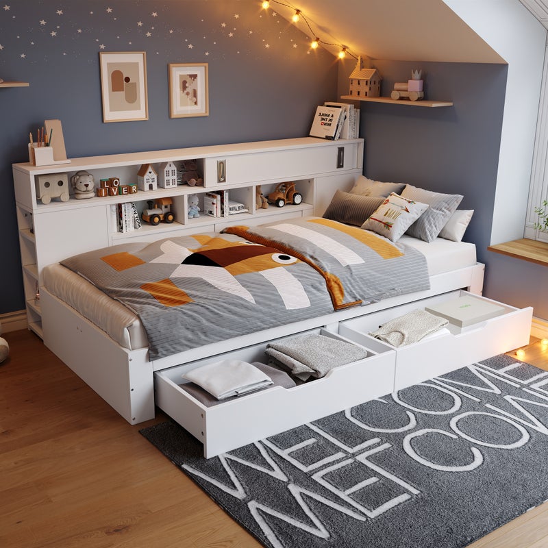 Łóżko pojedyncze 90 x 200 cm z 2 szufladami i schowkami, sofa rozkładana - MDF - Białe (bez materaca)