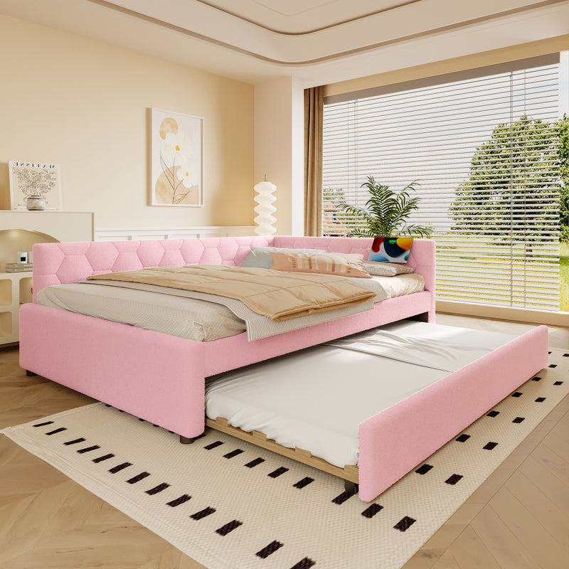 Łóżko wysuwane 140 x 200 cm z zagłówkiem, rozkładana sofa - ładowanie USB i typu C oraz diody LED - sztuczny polar - różowy (bez materaca)