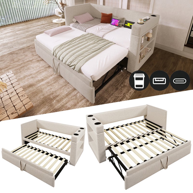 Łóżko wysuwane 90/180 x 190 cm z zagłówkiem - Ładowanie USB i typu C oraz uchwyt na kubek - Tkanina lniana - Beżowy (bez materaca)