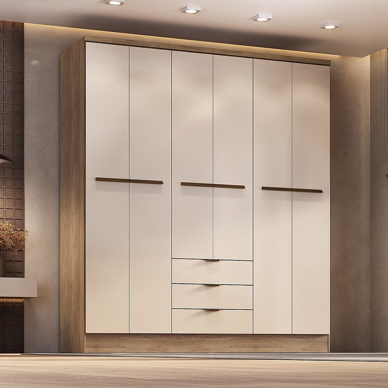 Szafa 6-drzwiowa z 3 szufladami - szer. 180 cm - Beżowy i naturalny - PEROLI