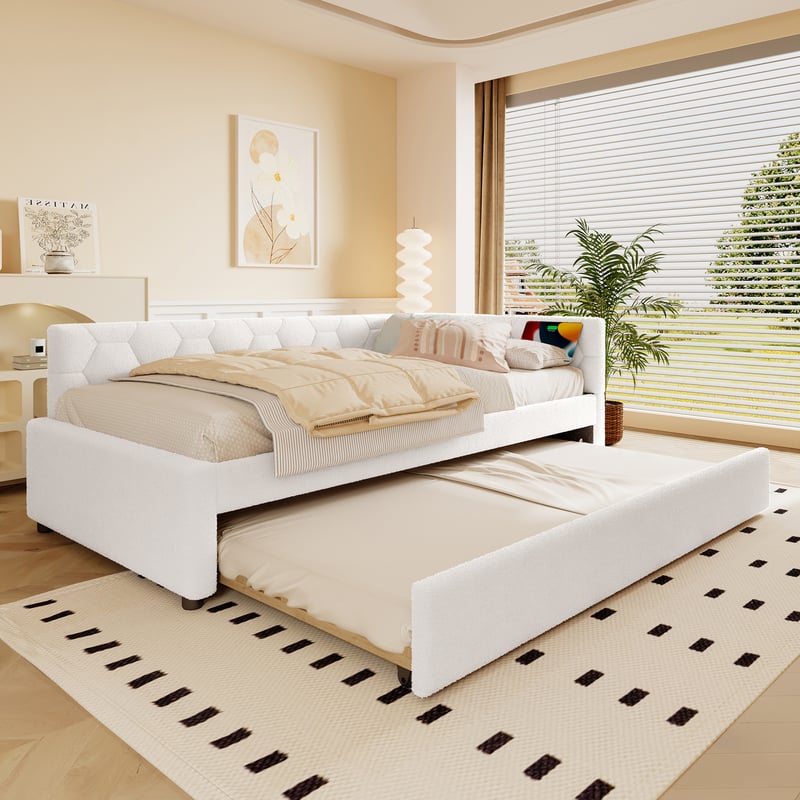 Łóżko wysuwane 90 x 200 cm z wezgłowiem, rozkładana sofa - ładowanie USB i typu C oraz diody LED - imitacja polaru - białe (bez materaca)