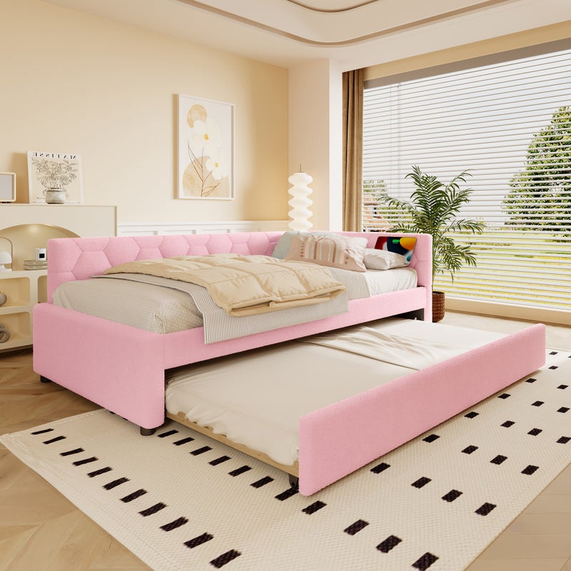 Łóżko wysuwane 90 x 200 cm z zagłówkiem, rozkładana sofa - ładowanie USB i typu C oraz diody LED - sztuczny polar - różowy (bez materaca)