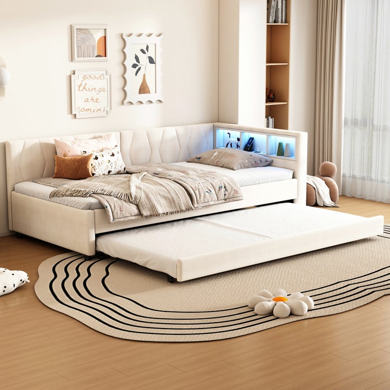 Łóżko wysuwane 90 x 200 cm + 90 x 190 cm z zagłówkiem i przegródkami - Ładowanie USB i typu C oraz diody LED - Tkanina lniana - Beżowy (bez materaca)