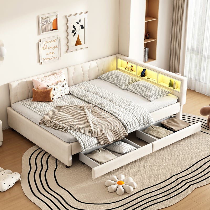 Łóżko tapicerowane 140 x 200 cm z 2 szufladami i przegródkami - Ładowanie USB i Type-C oraz diody LED - Tkanina lniana - Beżowe (bez materaca)