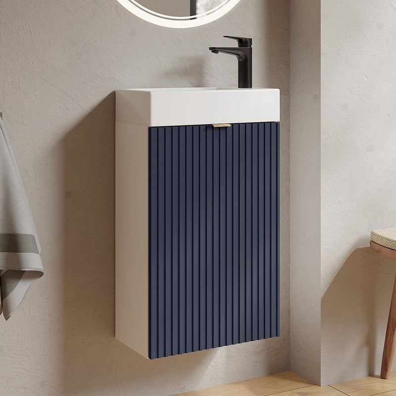 Szafka pod umywalkę ryflowana - Biała obudowa i dwustronne niebieskie drzwiczki - wys. 60 x szer. 40 x gł. 22 cm - VAHIRA