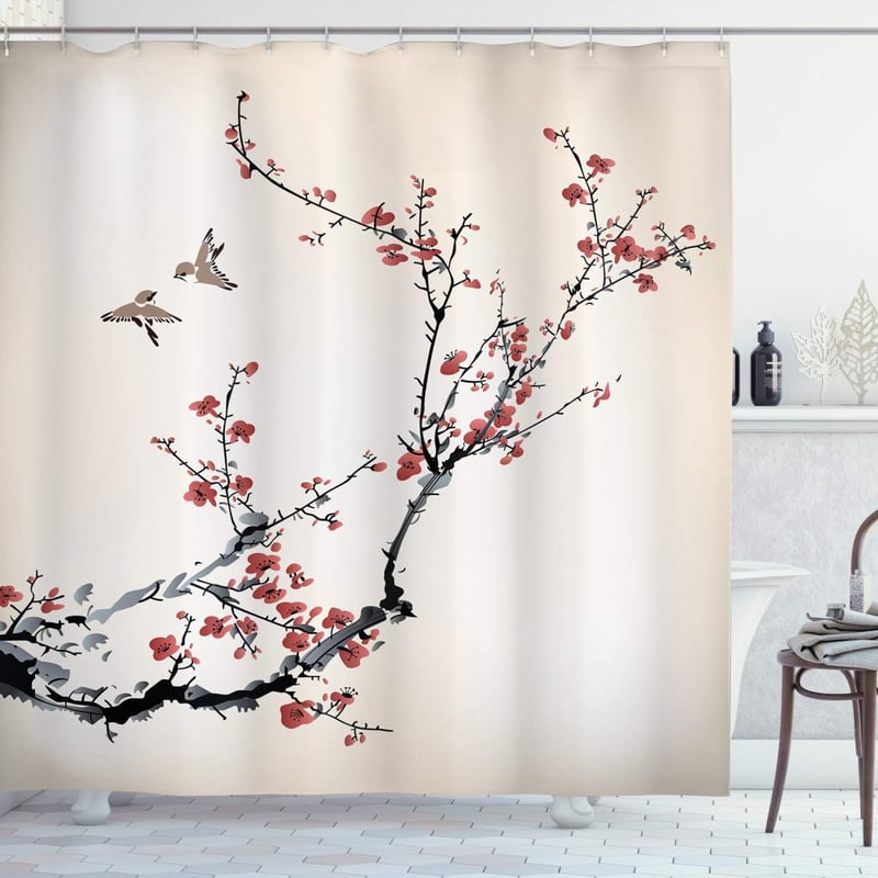 Zasłona prysznicowa Nature, ptaki w stylu artystycznym, zestaw dekoracyjny do łazienki z tkaniny z haczykami, 180 cm x 180 cm, kolor czarno-bordowy