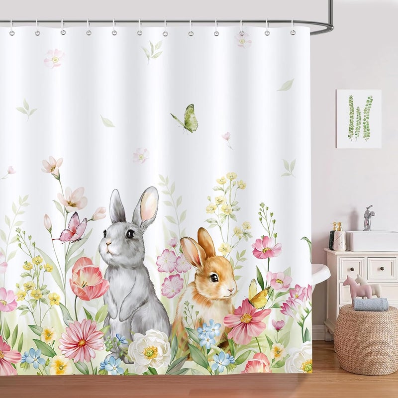(180×180×1 cm) Zasłona prysznicowa z motywem wiosennych kwiatów i wielkanocnego królika, tkanina poliestrowa, odporna na pleśń, wodoodporna, zmywalna