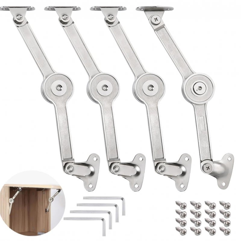 Zestaw 4 zawiasów podtrzymujących pokrywę (0-110°), z cichym domykiem, ze śrubami i kluczem imbusowym, do szafek i mebli do przechowywania