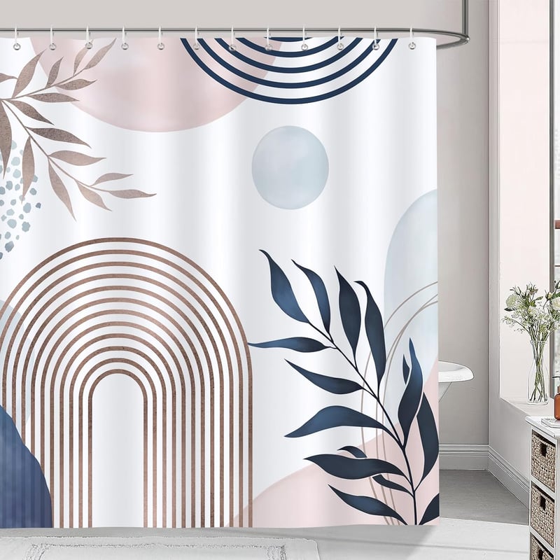 Abstrakcyjna zasłona prysznicowa w stylu boho z różowymi i niebieskimi liśćmi, nowoczesna zasłona do łazienki, tkanina poliestrowa, odporna na pleśń,