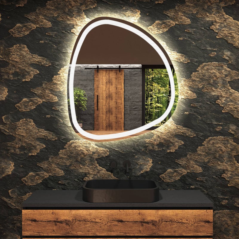 Lustro łazienkowe LED - Asymetryczne lustro 54x54cm - Chłodne białe oświetlenie 7000K - (EGG222)