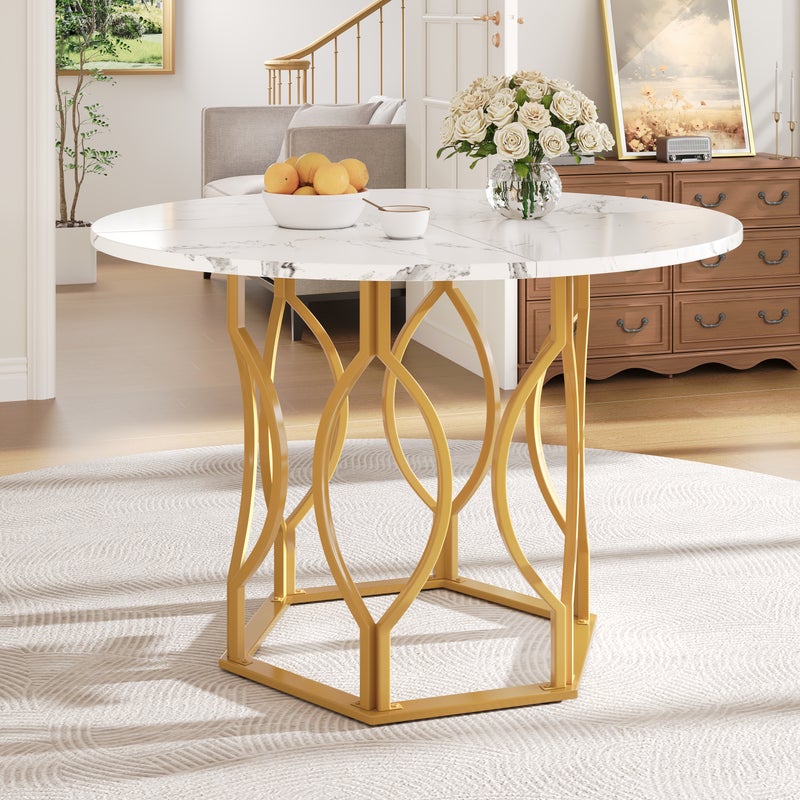 Okrągły stół jadalny dla 4-6 osób - D 100 x W 76 cm - Blat z płyty MDF marmurkowy i nogi z metalu w kolorze złotym - Biały