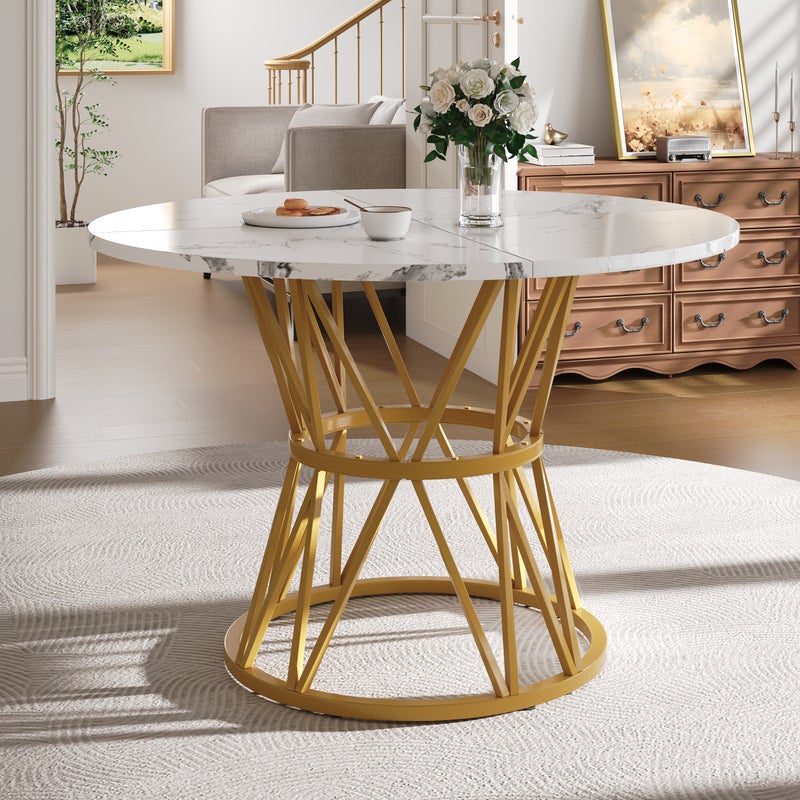 Okrągły stół jadalny dla 4-6 osób - D 100 x W 76 cm - Blat z płyty MDF marmurkowy i nogi z metalu w kolorze złotym - Biały