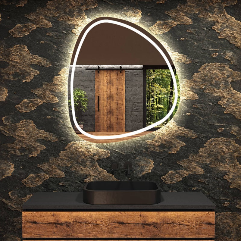 Lustro łazienkowe LED - Asymetryczne lustro 84x84cm - Chłodne białe oświetlenie 7000K - (EGG223)