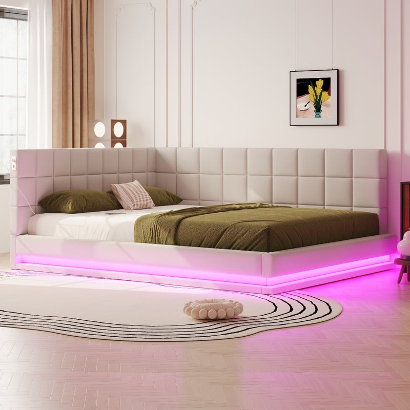 Łóżko tapicerowane 160 x 200 cm z wezgłowiem i oparciem, sofa rozkładana - port USB i diody LED - aksamit - beżowy (bez materaca)