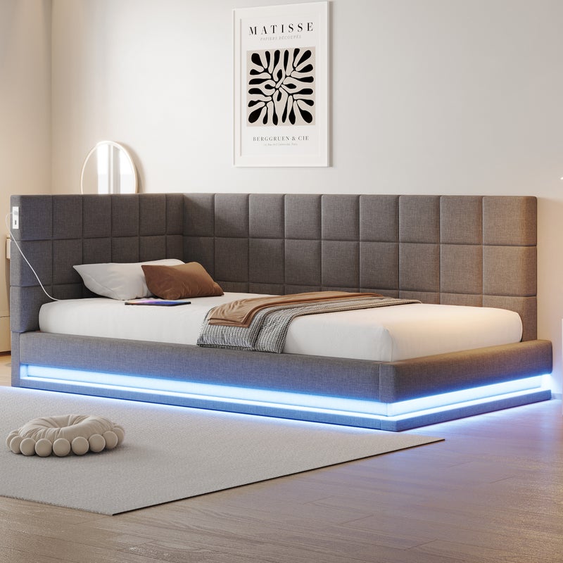 Łóżko tapicerowane 90 x 200 cm z wezgłowiem i oparciem, sofa rozkładana - port USB i diody LED - aksamit - szary (bez materaca)