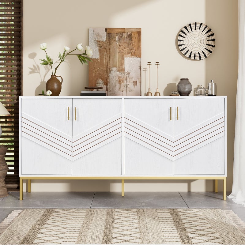 Komoda niska z 4 drzwiami - 160 x 40 x 80,5 cm - MDF i nogi metalowe w kolorze złotym - do salonu, jadalni - biała