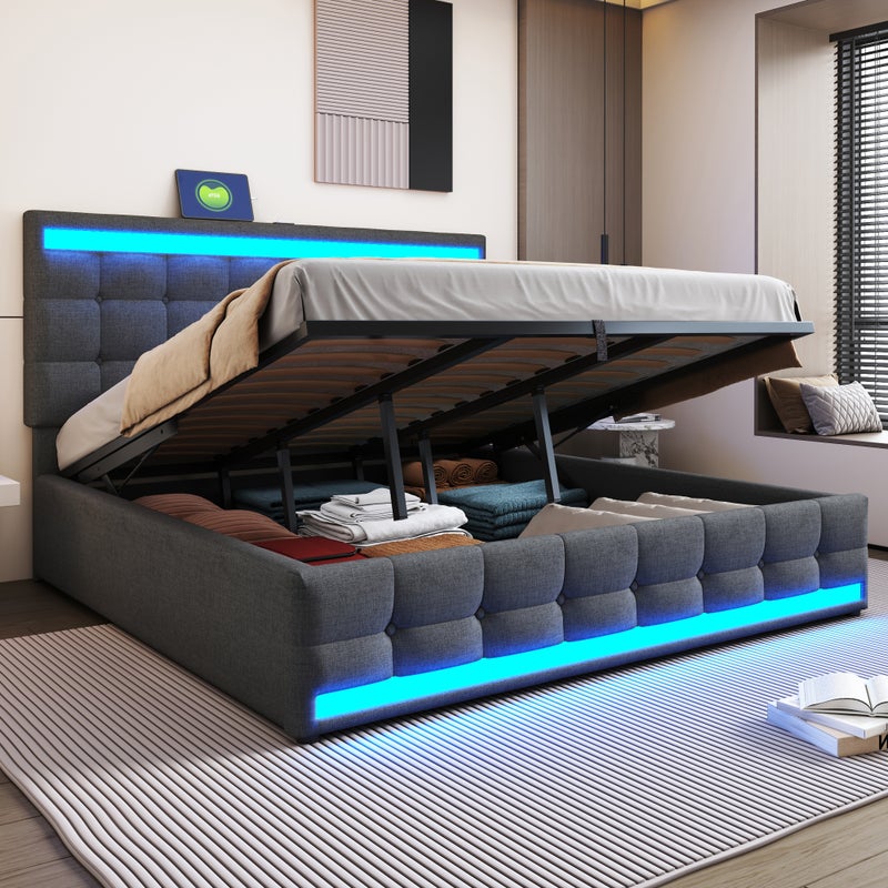 Łóżko ze schowkiem 180 x 200 cm z zagłówkiem - Port USB i diody LED - Tkanina lniana - Szary (Bez materaca)