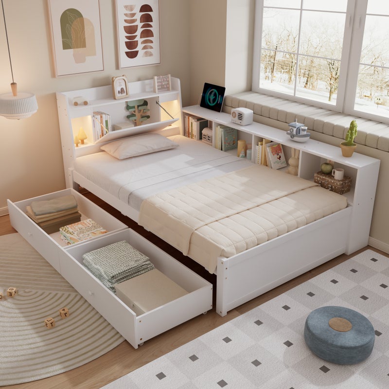 Łóżko 90 x 200 cm z 2 szufladami, przegródkami i szafką boczną - Sofa rozkładana - Sosna + płyta wiórowa + MDF - Diody LED - Białe (Bez materaca)