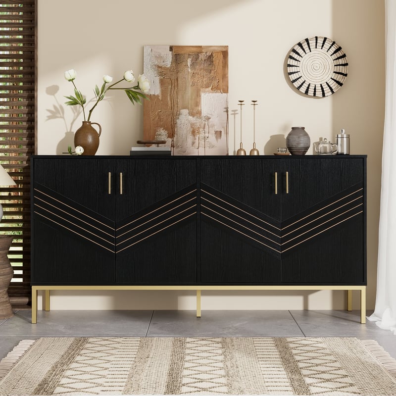 Komoda niska z 4 drzwiami - 160 x 40 x 80,5 cm - MDF i nogi metalowe w kolorze złotym - do salonu, jadalni - czarna