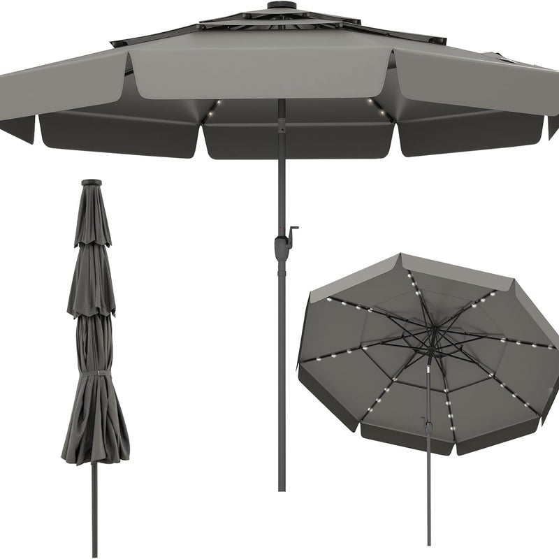 Parasol Ogrodowy Zewnętrzny 3, Parasol Balkonowy z Regulacją Nachylenia, Korba, 32 Diody LED, 3-warstwowa Czasza, 8 Żeber, bez Podstawy, Szary