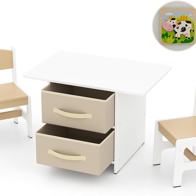 Stół dziecięcy z 2 krzesłami, 3-częściowy zestaw mebli do siedzenia dla dzieci z 2 zdejmowanymi koszami, szeroki blat stołu i puzzle