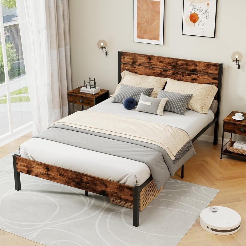 Rama Łóżka Podwójnego 140 x 200 cm, Łóżko Platformowe z Zagłówkiem z Listew, Styl Industrialny z Miejscem, nie Wymaga Stelaża, Rustykalny Brązowy
