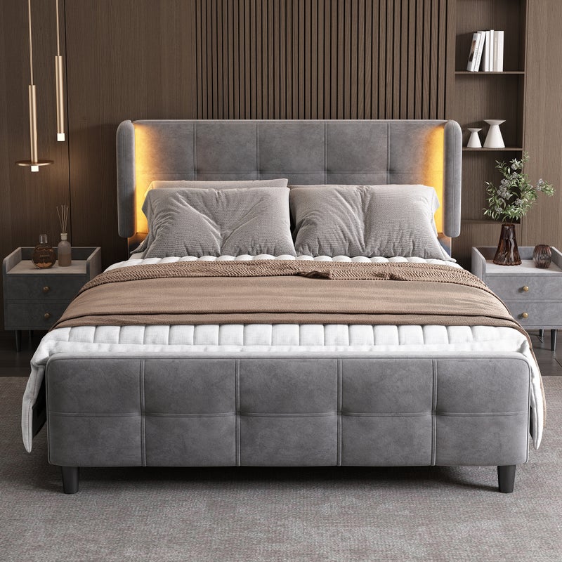 Łóżko tapicerowane z regulowanym zagłówkiem - Aksamit i metalowa podstawa - Diody LED - Szare (Materac nie jest wliczony w cenę)