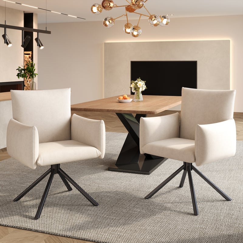 Komplet 2 krzeseł obrotowych do jadalni z podłokietnikami - 60 x 60 x 88 cm - Aksamit i metalowe nogi - Beżowy