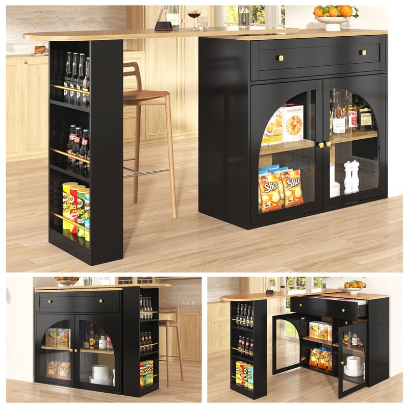 Rozsuwana szafka barowa z 2 szklanymi drzwiami, 2 szufladami i 3 półkami - 138-204 x 39 x 104 cm - MDF - Czarny