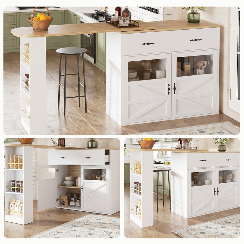 Rozsuwana szafka barowa z 2 drzwiami, 2 szufladami i 3 półkami - 138-204 x 39 x 104 cm - MDF - Biały