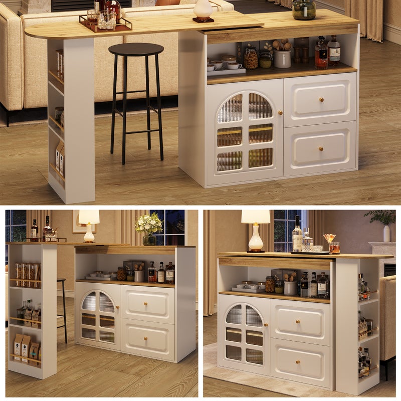 Rozsuwana szafka barowa z 1 szklanymi drzwiami, 2 szufladami i przegródkami - 138-204 x 39 x 104 cm - MDF - Biały + Naturalny