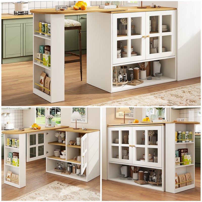 Rozsuwana szafka barowa z 2 szklanymi drzwiami i półkami - 138-204 x 39 x 102,5 cm - MDF - Biały + Naturalny