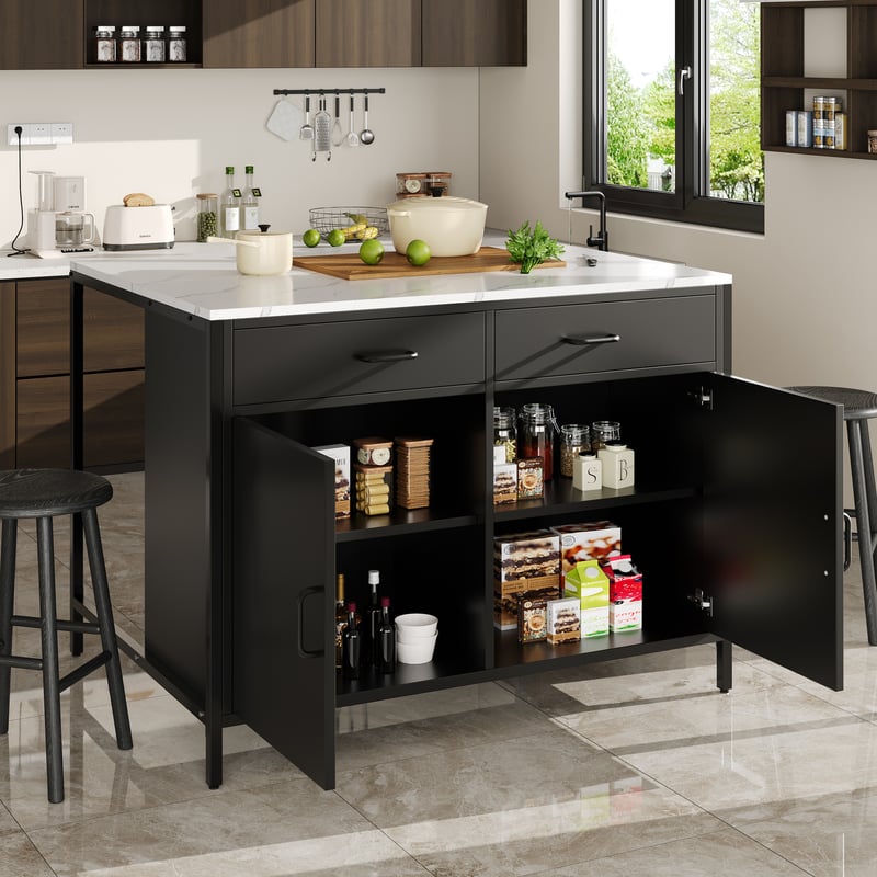 Szafka barowa z 2 drzwiami i 2 szufladami - 100 x 90 x 90 cm - MDF - Blat z efektem marmuru - Czarny