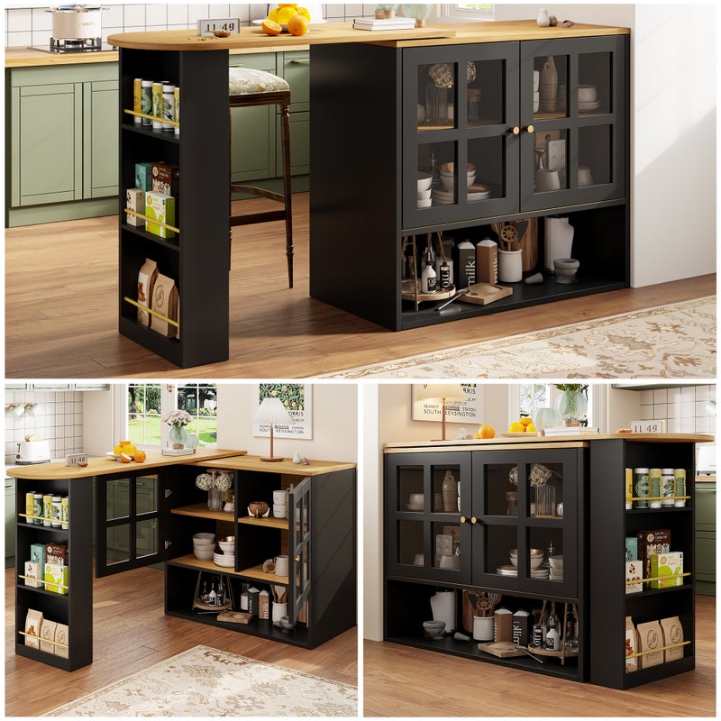 Rozsuwana szafka barowa z 2 szklane drzwi i półki - 138-204 x 39 x 102,5 cm - MDF - Czarny + Naturalny