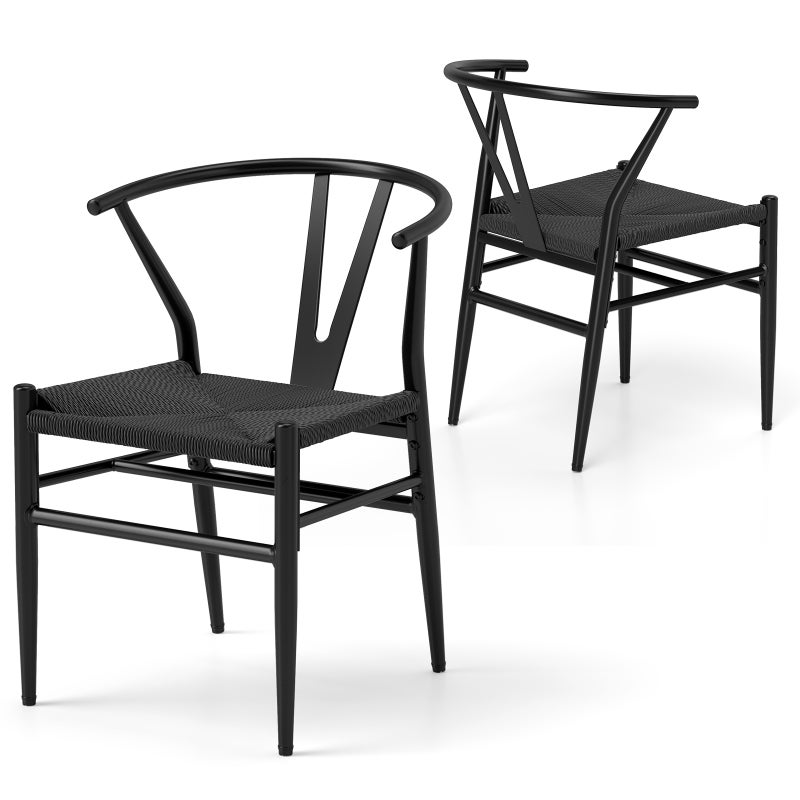 Zestaw 2 krzeseł do jadalni, krzeseł kuchennych z oparciem w kształcie litery Y i plecioną poduszką rattanową, obciążenie 150 kg, krzesła rekreacyjne