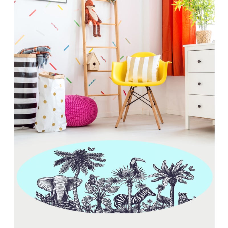 Dziecięcy dywan winylowy Sabana błękitny - owalny 150x265 cm - antypoślizgowy PVC, winylowy do pokoju dziecięcego, ognioodporny i zmywalny.