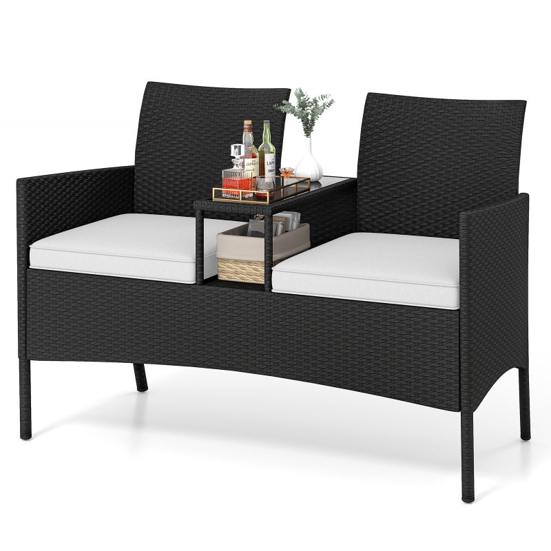 Ławka ogrodowa ze stołem, 2-osobowa ławka do siedzenia z polirattanu, meble ogrodowe, meble ogrodowe, meble tarasowe, do ogrodu, na