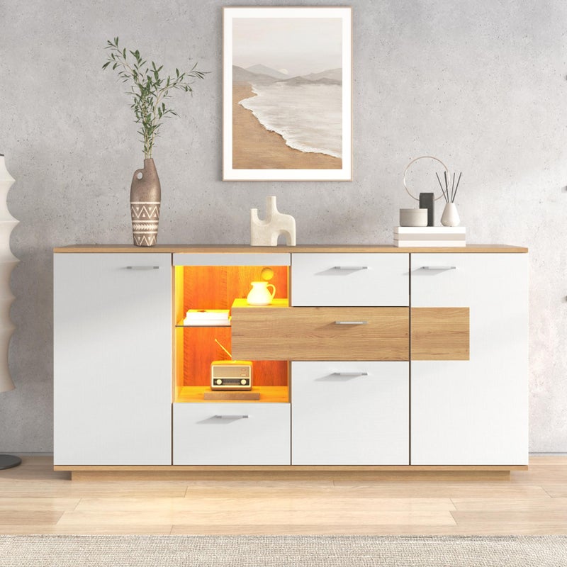 Nowoczesny drewniany kredens z LED, 160x40x77 cm, 2 drzwi, 4 szuflady, regulowane oświetlenie, biały i drewniany, elegancki schowek