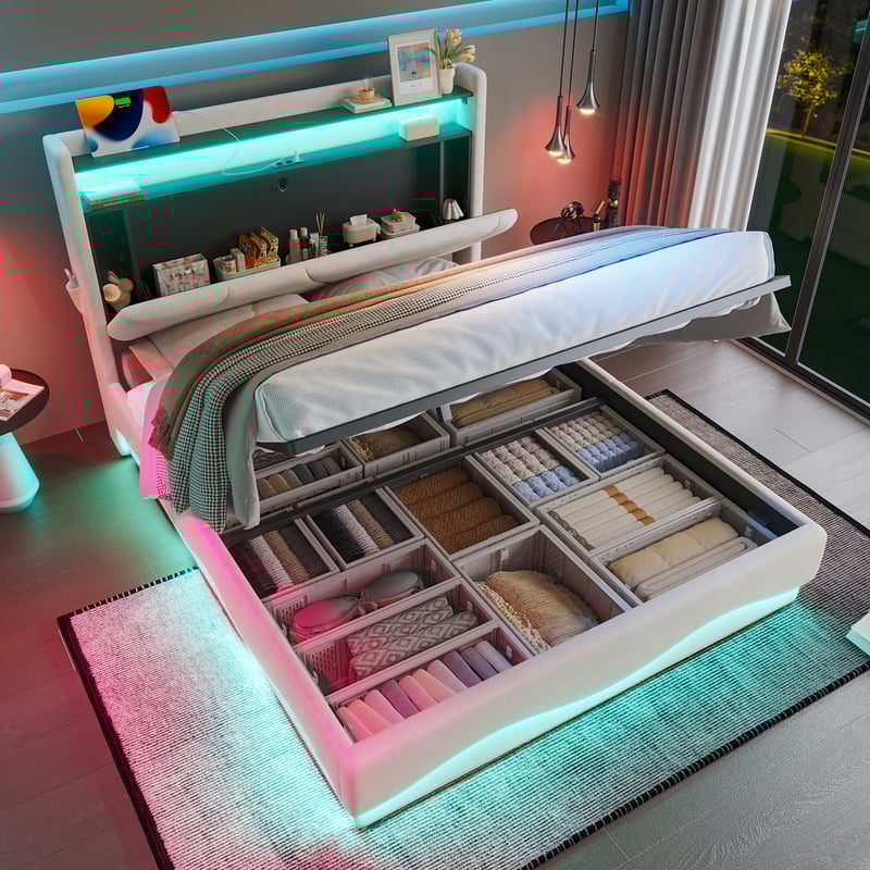 Łóżko z pojemnikiem 160 x 200 cm z zagłówkiem i półkami - Aksamit - Gniazda USB + LED - Beżowe (Bez materaca)